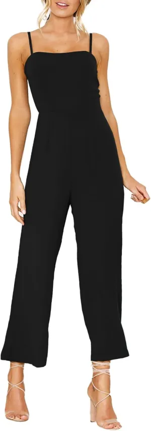 LYANER Women's Spaghetti Straps Sleeveless Wide Leg High Waist Pant Romper Jumpsuit