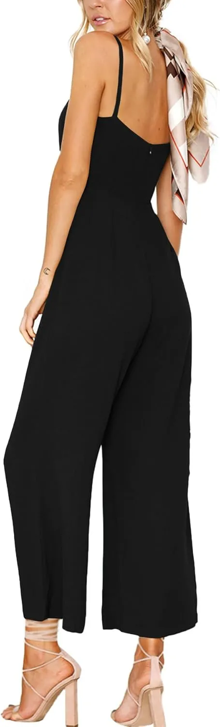 LYANER Women's Spaghetti Straps Sleeveless Wide Leg High Waist Pant Romper Jumpsuit