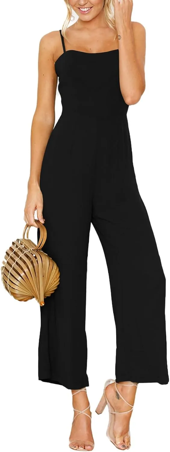LYANER Women's Spaghetti Straps Sleeveless Wide Leg High Waist Pant Romper Jumpsuit