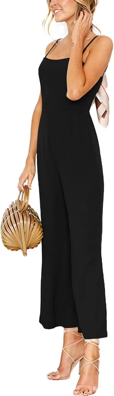 LYANER Women's Spaghetti Straps Sleeveless Wide Leg High Waist Pant Romper Jumpsuit
