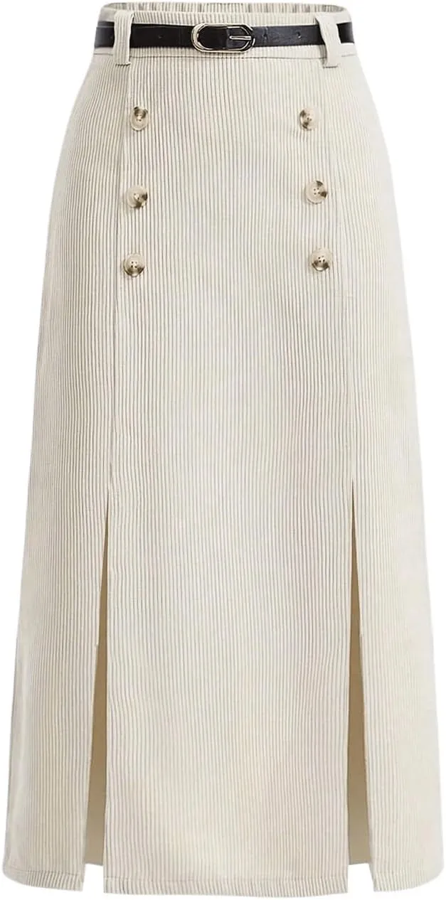 MakeMeChic Women's Corduroy Elastic High Waisted Long Skirt Button Split Hem Maxi Skirts