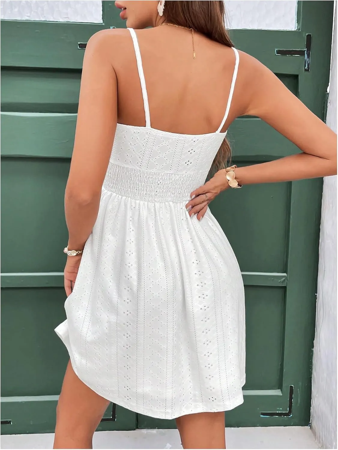 MakeMeChic Women's Eyelet Embroidery Bow Tie Front Cami Dress Sleeveless Shirred Mini Dresses