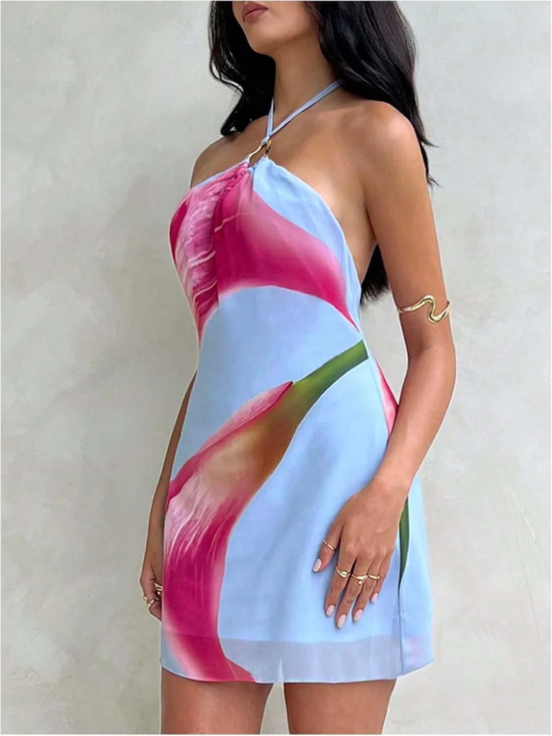 MakeMeChic Women's Floral Halter Backless Dress Ring Sleeveless Summer Mini Dresses