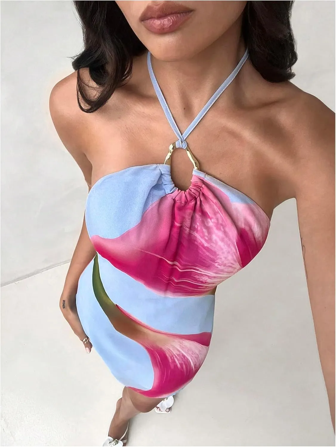 MakeMeChic Women's Floral Halter Backless Dress Ring Sleeveless Summer Mini Dresses