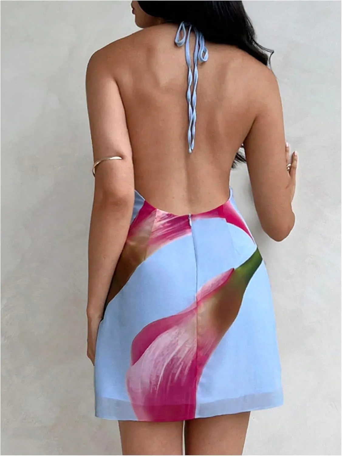 MakeMeChic Women's Floral Halter Backless Dress Ring Sleeveless Summer Mini Dresses