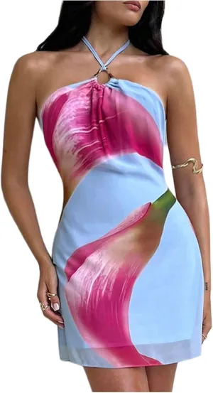 MakeMeChic Women's Floral Halter Backless Dress Ring Sleeveless Summer Mini Dresses