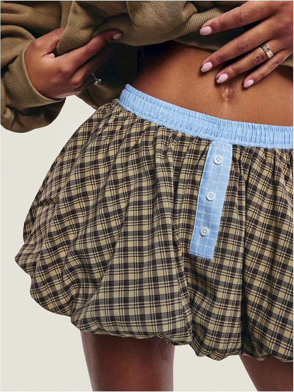 MakeMeChic Women's Plaid Bubble Skirts Elastic Waist Pleated A Line Y2K Mini Skirt Skorts