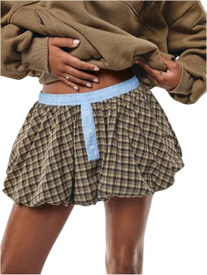 MakeMeChic Women's Plaid Bubble Skirts Elastic Waist Pleated A Line Y2K Mini Skirt Skorts