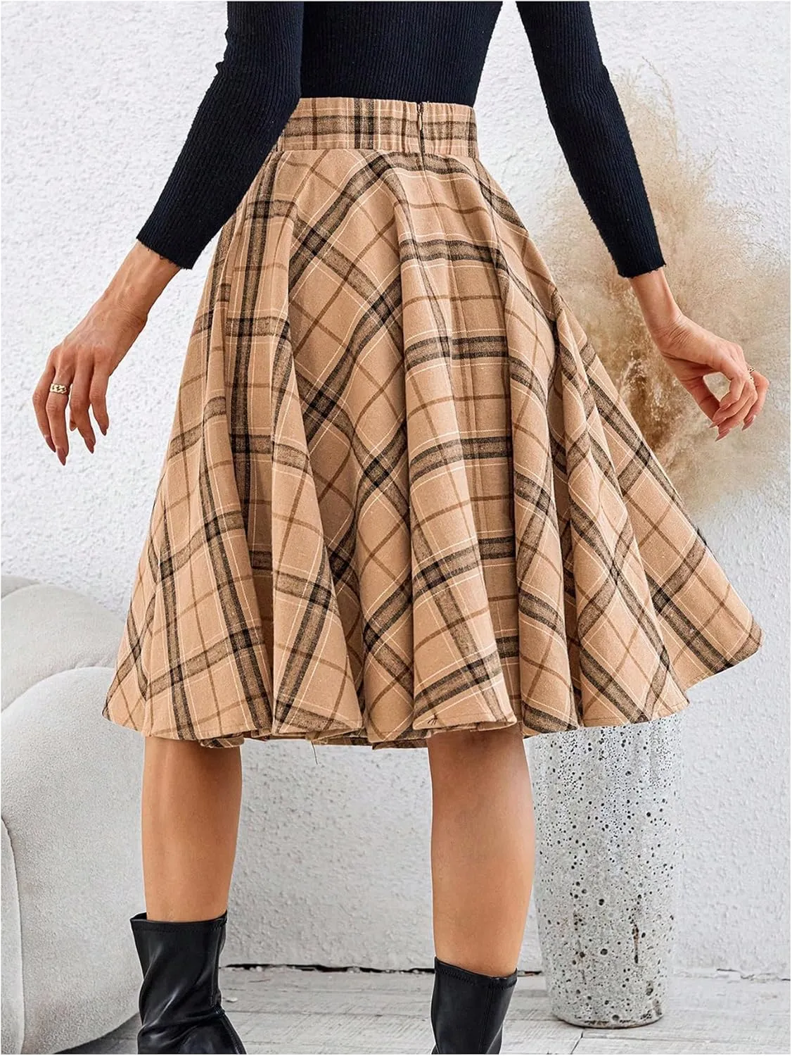 MakeMeChic Women's Plaid Skirt High Waisted A Line Pleated Midi Skirts