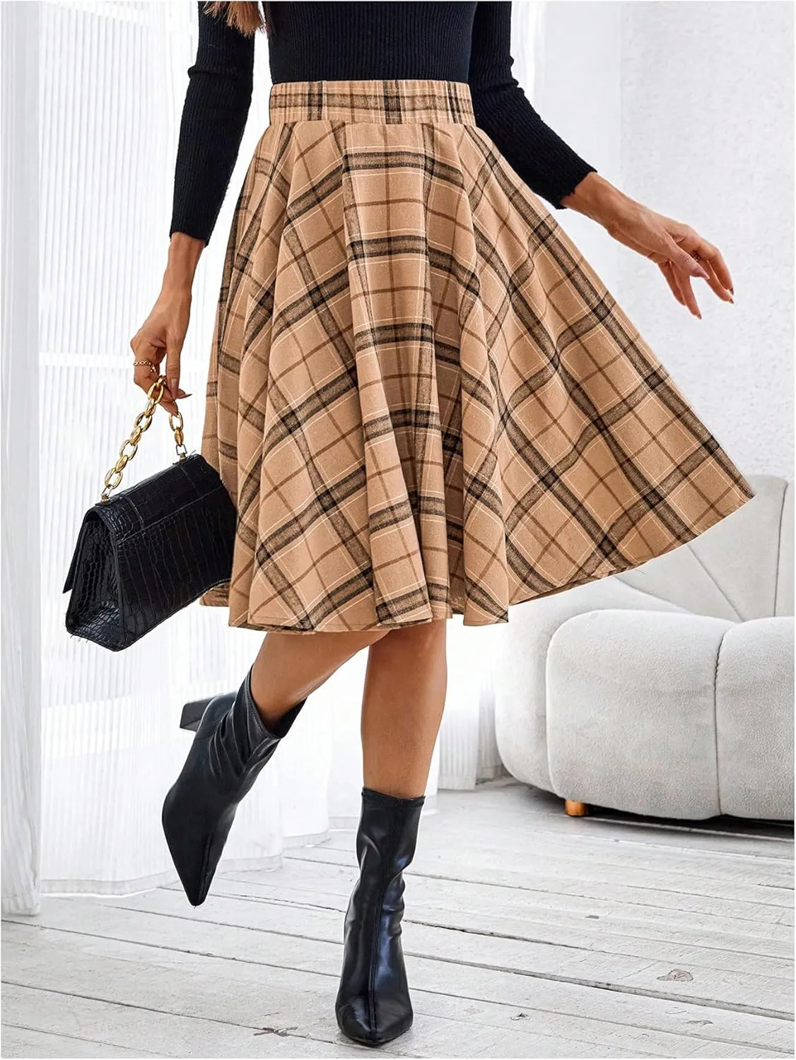 MakeMeChic Women's Plaid Skirt High Waisted A Line Pleated Midi Skirts