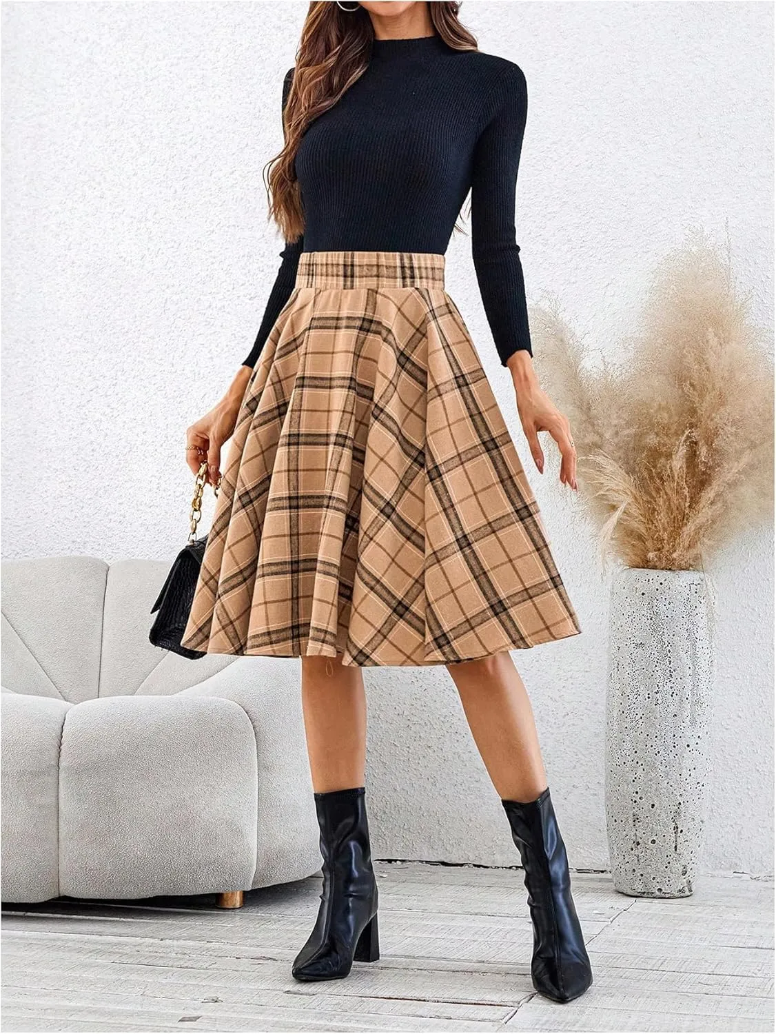 MakeMeChic Women's Plaid Skirt High Waisted A Line Pleated Midi Skirts