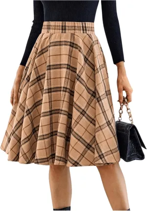 MakeMeChic Women's Plaid Skirt High Waisted A Line Pleated Midi Skirts