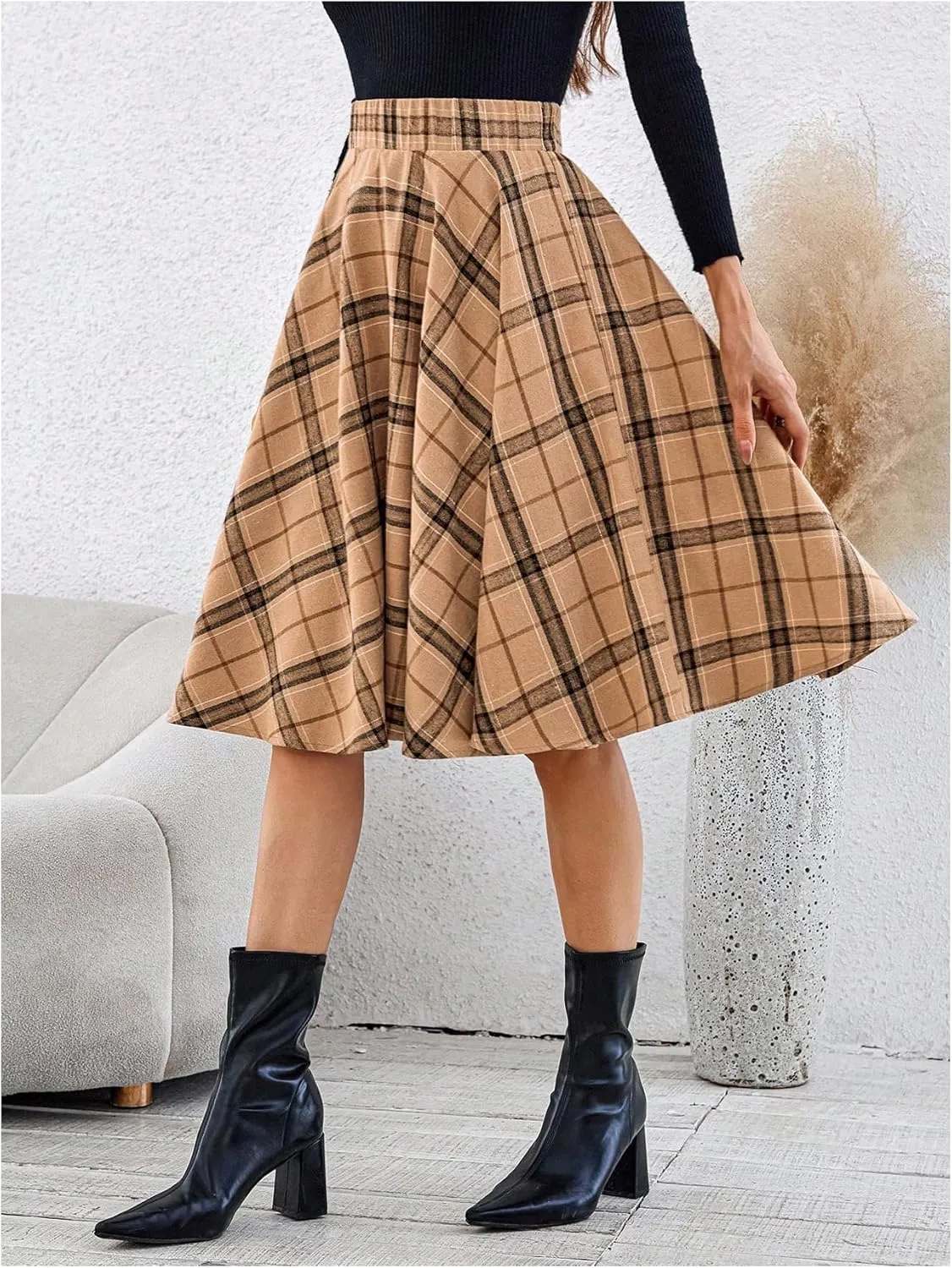 MakeMeChic Women's Plaid Skirt High Waisted A Line Pleated Midi Skirts