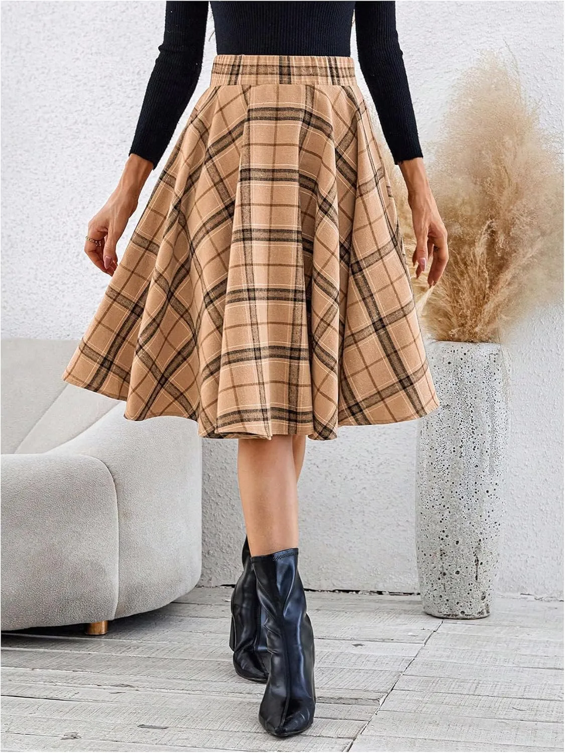 MakeMeChic Women's Plaid Skirt High Waisted A Line Pleated Midi Skirts