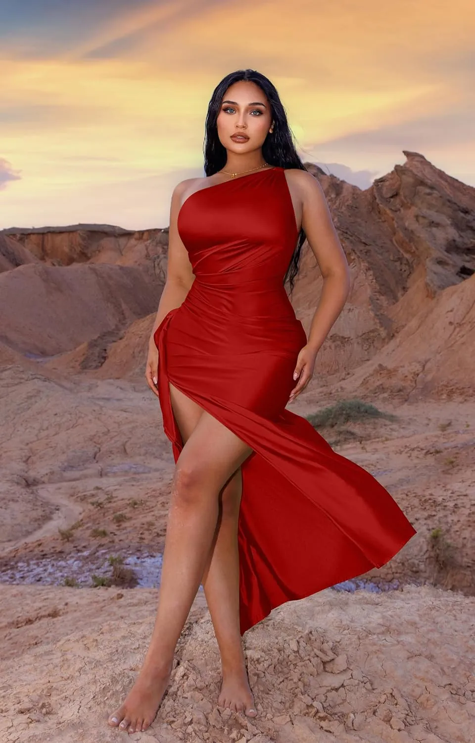 Memoriesea Women's Plus Size Satin Sexy One Shoulder High Split Cocktail Wedding Party Maxi Dress