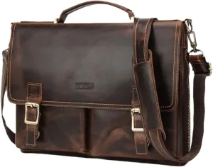 Men 14'' Briefcase Bag Crazy Horse Leather Shoulder Messenger Bags Business Office Laptop Handbag