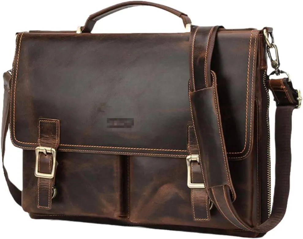 Men 14'' Briefcase Bag Crazy Horse Leather Shoulder Messenger Bags Business Office Laptop Handbag
