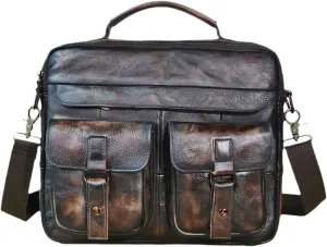 Men Real Leather Antique Coffee Briefcase Business 13" Laptop Cases Attache Messenger Bags