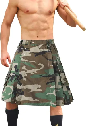 Men's Camo Scottish Outdoor Utility Kilt - 23" Length Pleated Tactical Irish Hybrid Kilt With Pockets