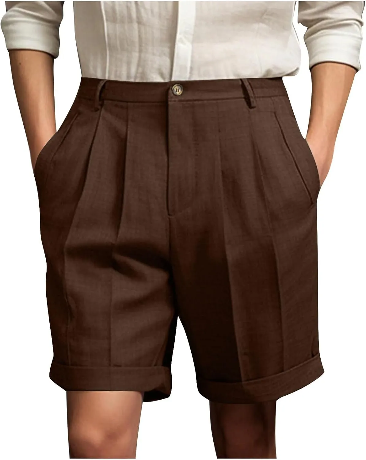 Mens Golf Chino Shorts Summer Beach Relaxted-Fit Pleated Front Button Waist Suit Shorts Solid Work Basic Short Pants