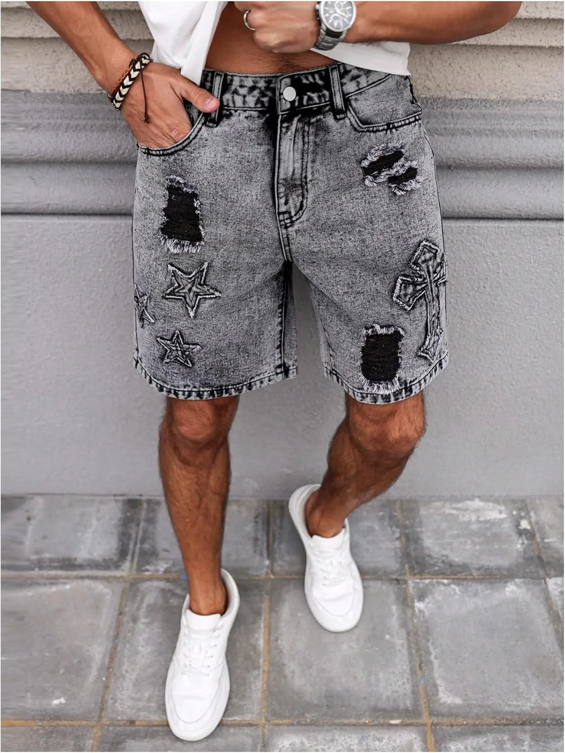 Men's Graphic Baggy Denim Shorts Ripped Zipper Jean Bermuda Shorts with Pockets
