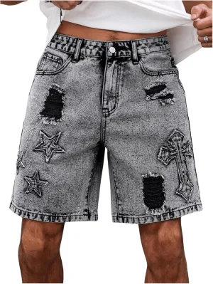 Men's Graphic Baggy Denim Shorts Ripped Zipper Jean Bermuda Shorts with Pockets