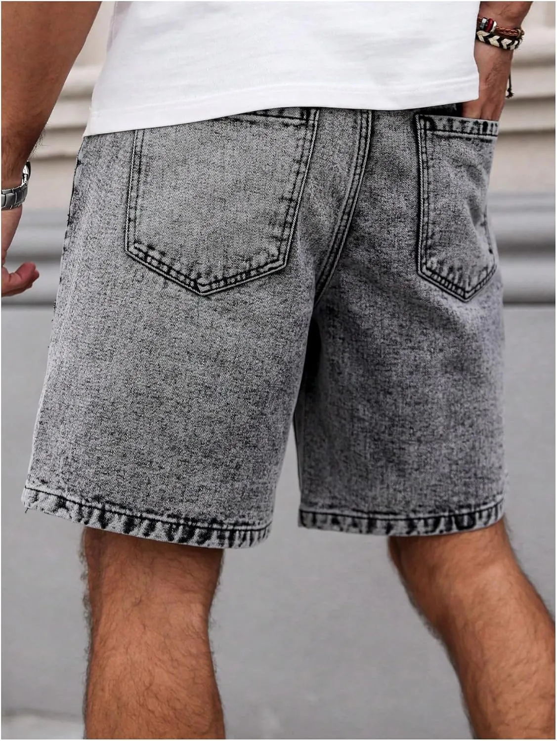 Men's Graphic Baggy Denim Shorts Ripped Zipper Jean Bermuda Shorts with Pockets