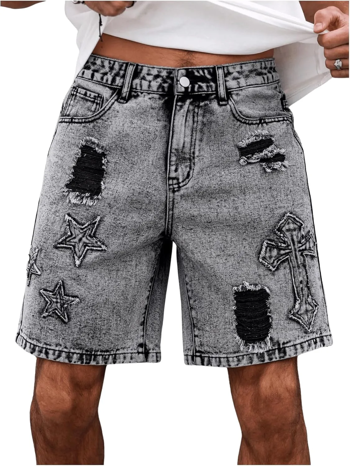 Men's Graphic Baggy Denim Shorts Ripped Zipper Jean Bermuda Shorts with Pockets