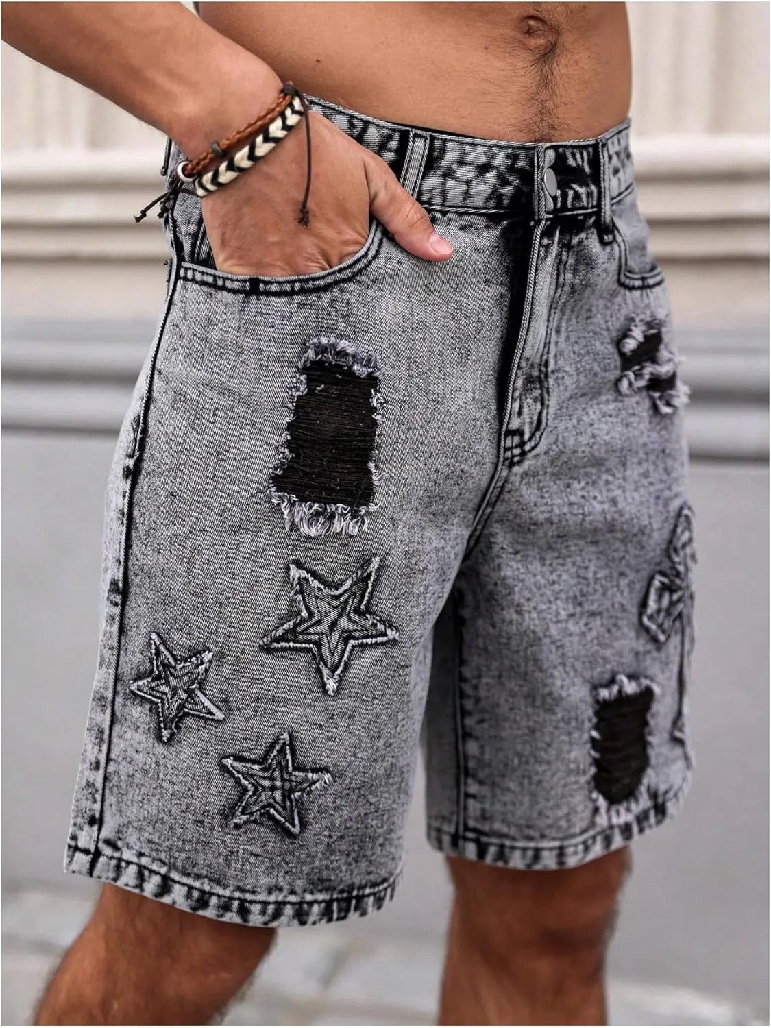 Men's Graphic Baggy Denim Shorts Ripped Zipper Jean Bermuda Shorts with Pockets