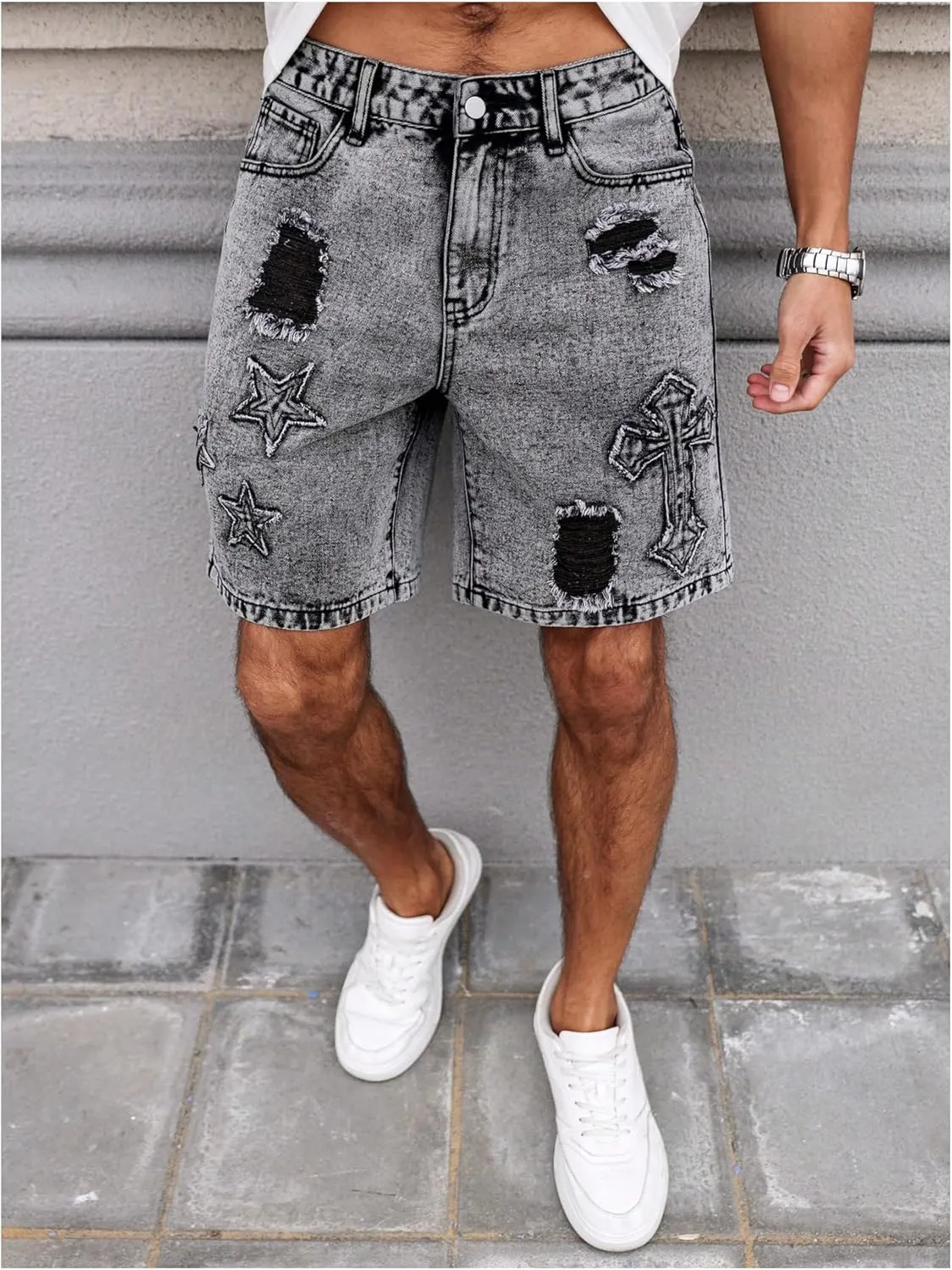 Men's Graphic Baggy Denim Shorts Ripped Zipper Jean Bermuda Shorts with Pockets