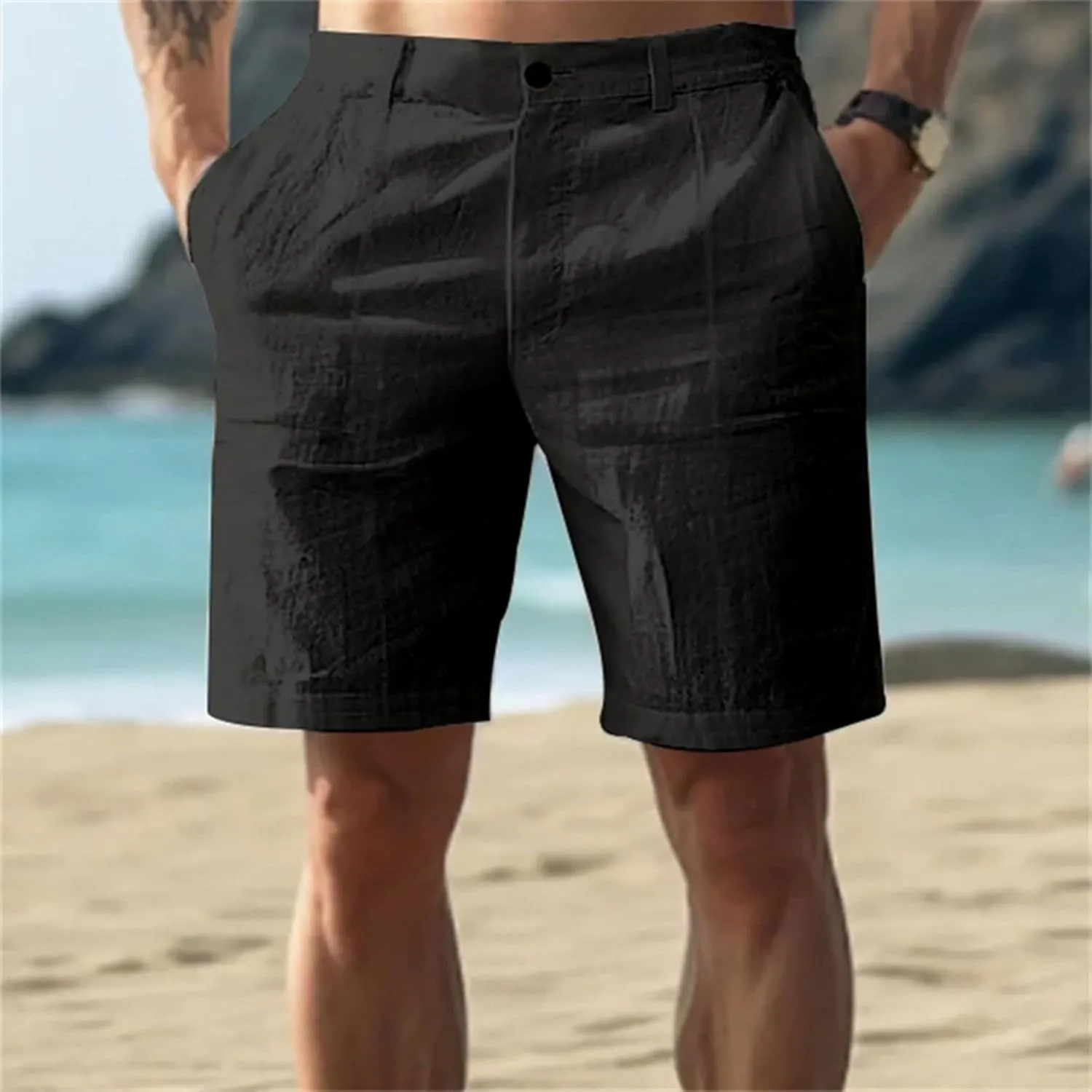 Mens Linen Shorts Elastic Waist Shorts Casual Summer Lightweight Cotton Linen Pants with Pockets