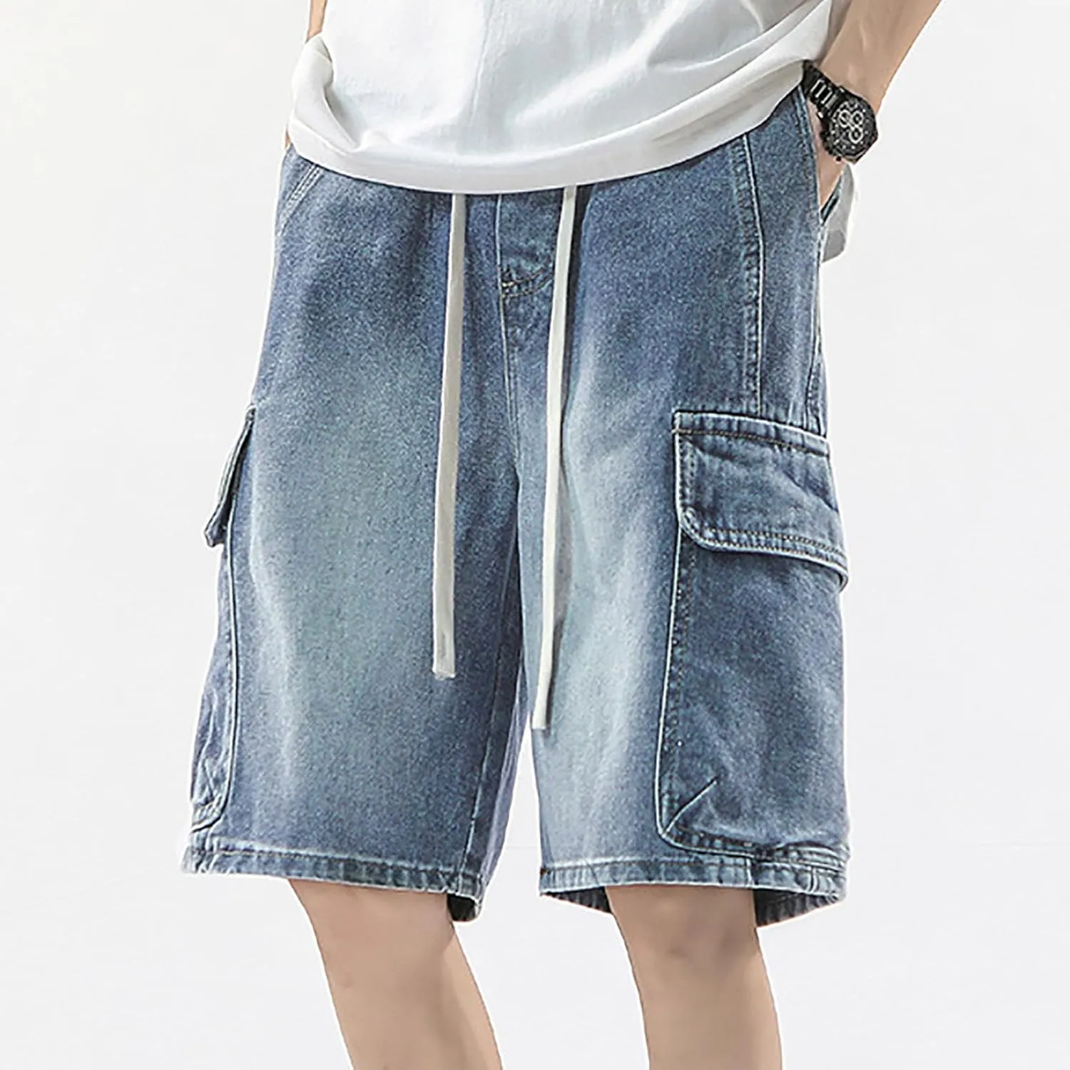 Men's Loose Hip Hop Mid Jean Shorts Work Denim Shorts with Pockets Casual Summer Streetwear Clothes