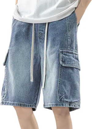 Men's Loose Hip Hop Mid Jean Shorts Work Denim Shorts with Pockets Casual Summer Streetwear Clothes
