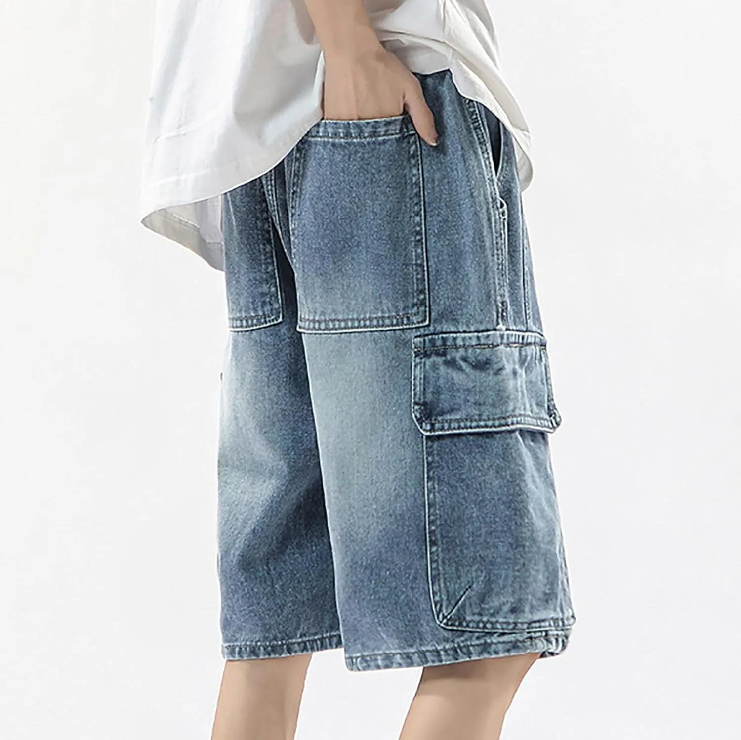 Men's Loose Hip Hop Mid Jean Shorts Work Denim Shorts with Pockets Casual Summer Streetwear Clothes