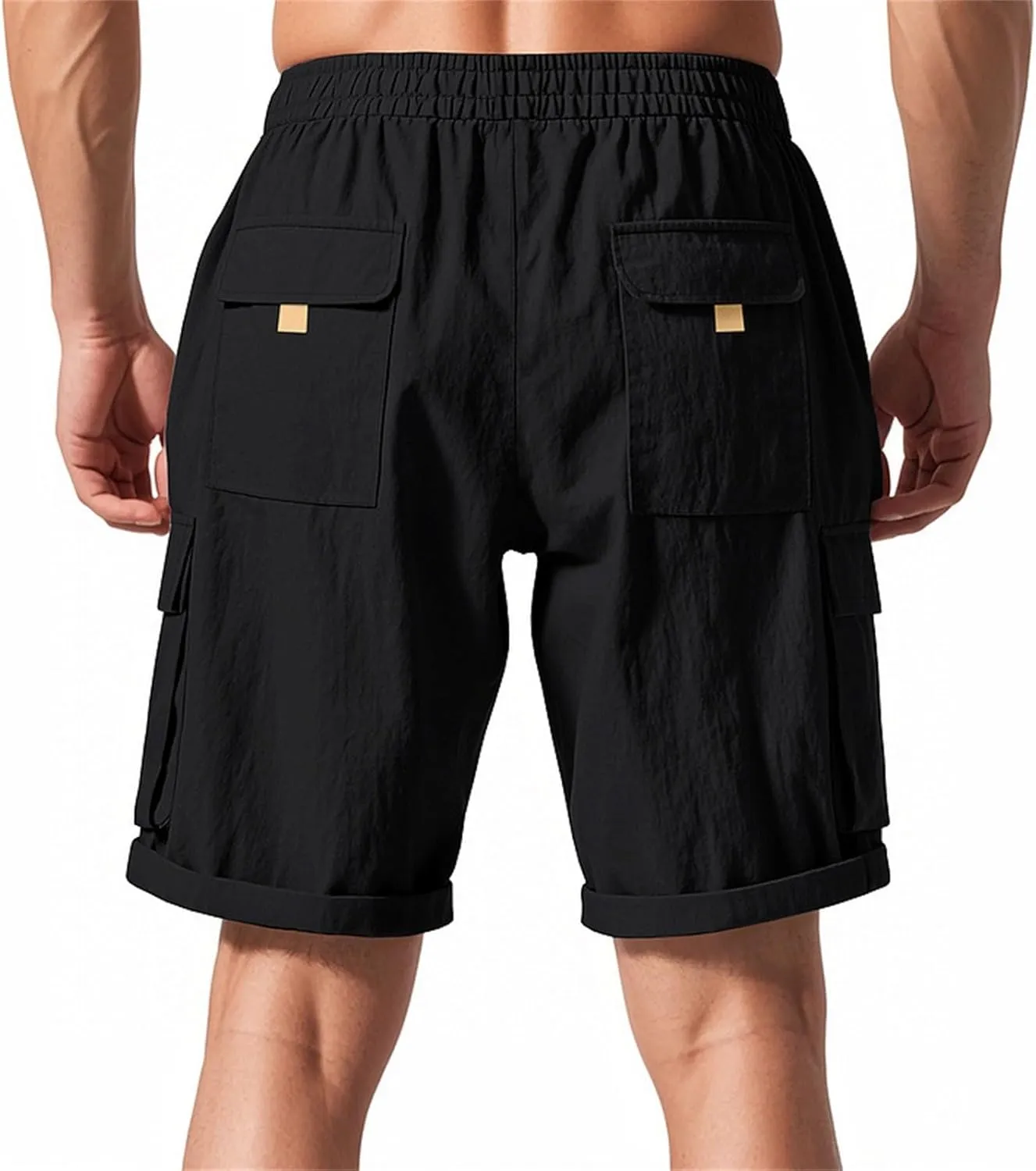 Men's Shorts Casual Cotton Linen Elastic Waist Summer Beach Vacation Shorts with Multi-Pocket
