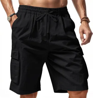 Men's Shorts Casual Cotton Linen Elastic Waist Summer Beach Vacation Shorts with Multi-Pocket
