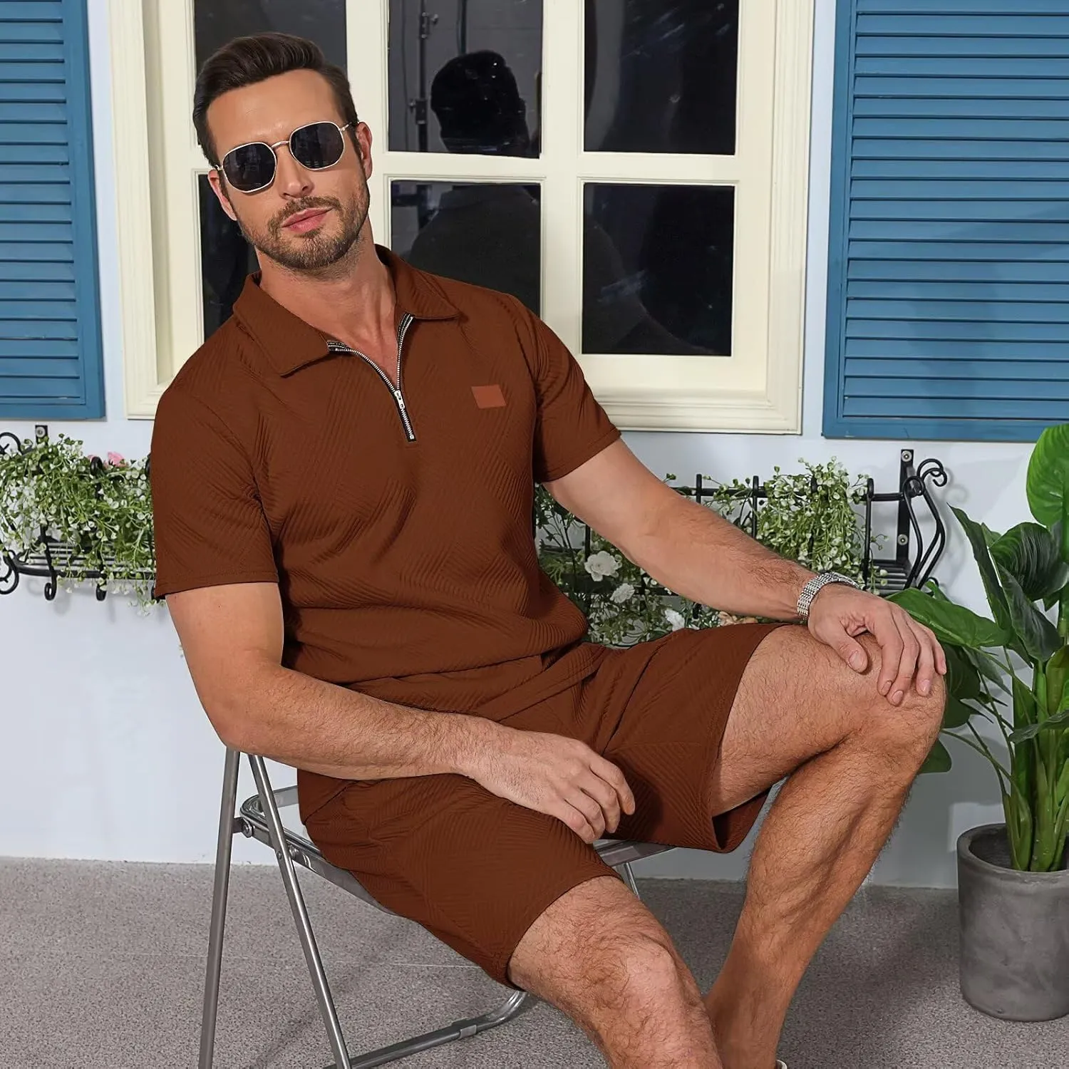 Mens Summer Sweatsuit With Pocket - Short Sleeve Polo Shirt & Shorts Set Casual 2 Pieces Shorts Outfits
