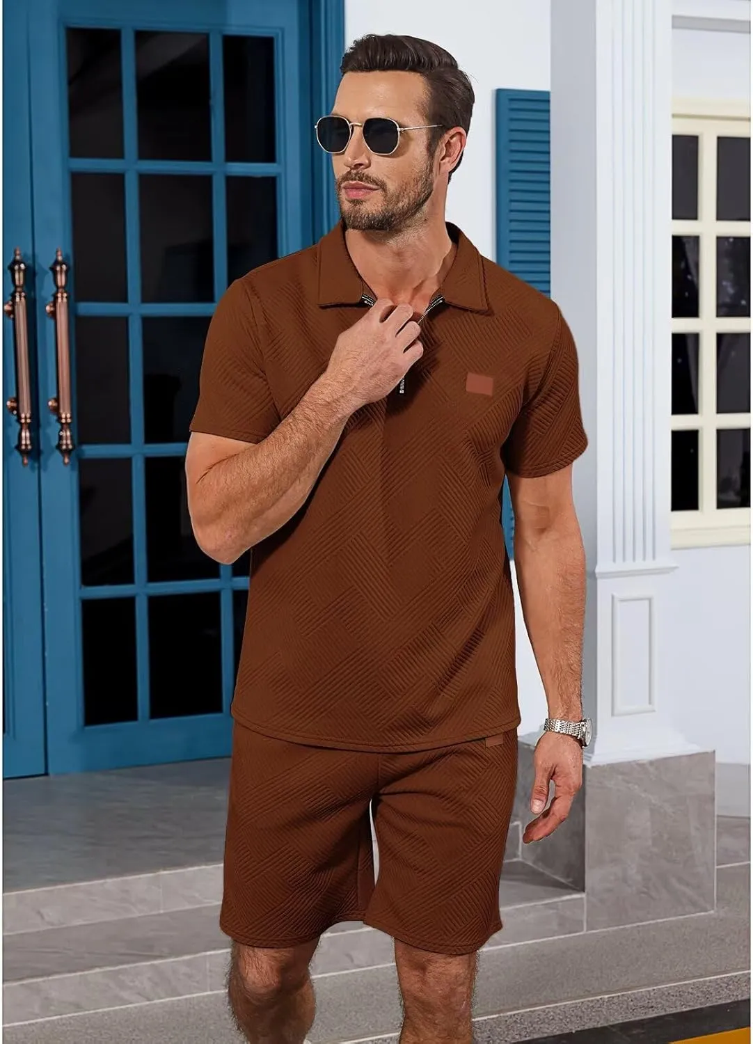 Mens Summer Sweatsuit With Pocket - Short Sleeve Polo Shirt & Shorts Set Casual 2 Pieces Shorts Outfits