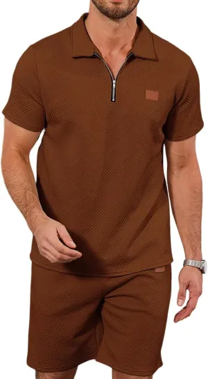Mens Summer Sweatsuit With Pocket - Short Sleeve Polo Shirt & Shorts Set Casual 2 Pieces Shorts Outfits