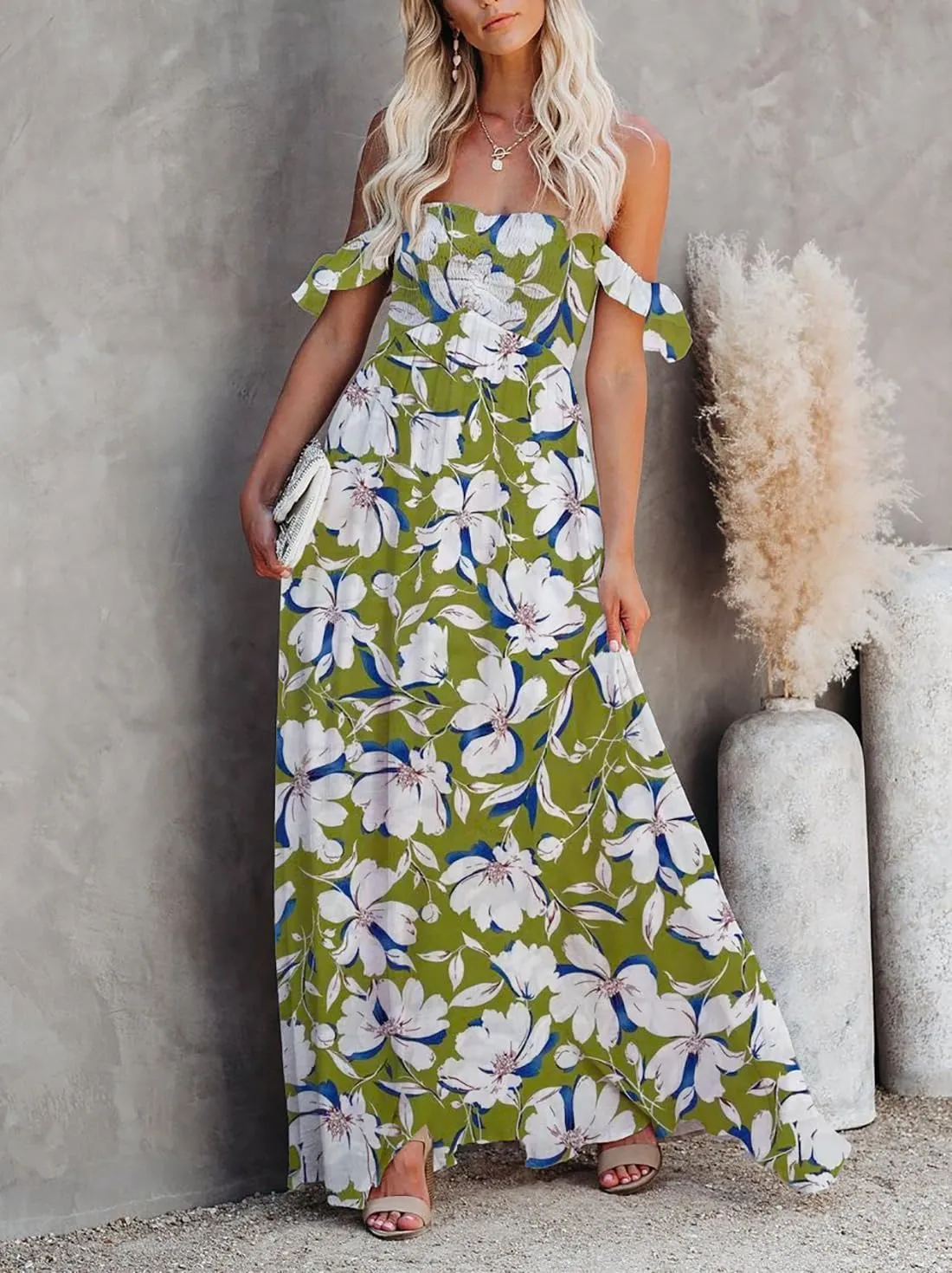 MERMAID'S CLOSET Women's Summer Smocked Off The Shoulder Maxi Dress Boho Casual Ruffle Flowy Long Beach Vacation Sundress