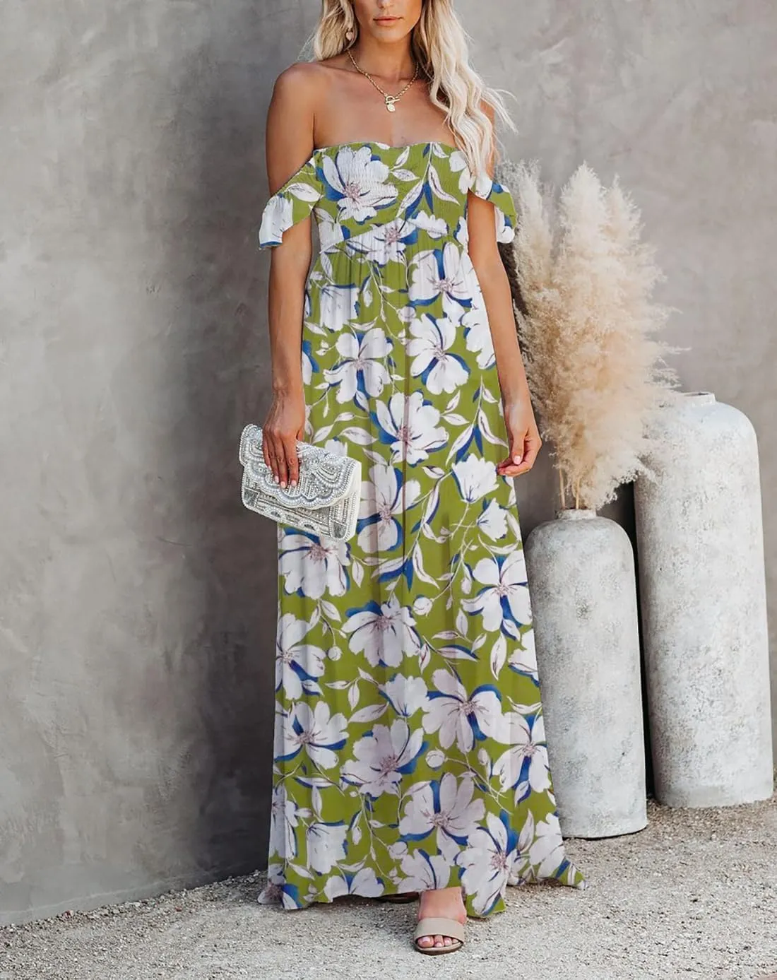 MERMAID'S CLOSET Women's Summer Smocked Off The Shoulder Maxi Dress Boho Casual Ruffle Flowy Long Beach Vacation Sundress