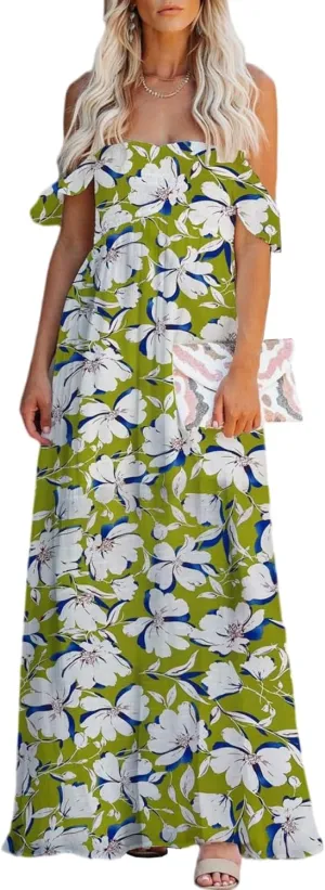 MERMAID'S CLOSET Women's Summer Smocked Off The Shoulder Maxi Dress Boho Casual Ruffle Flowy Long Beach Vacation Sundress