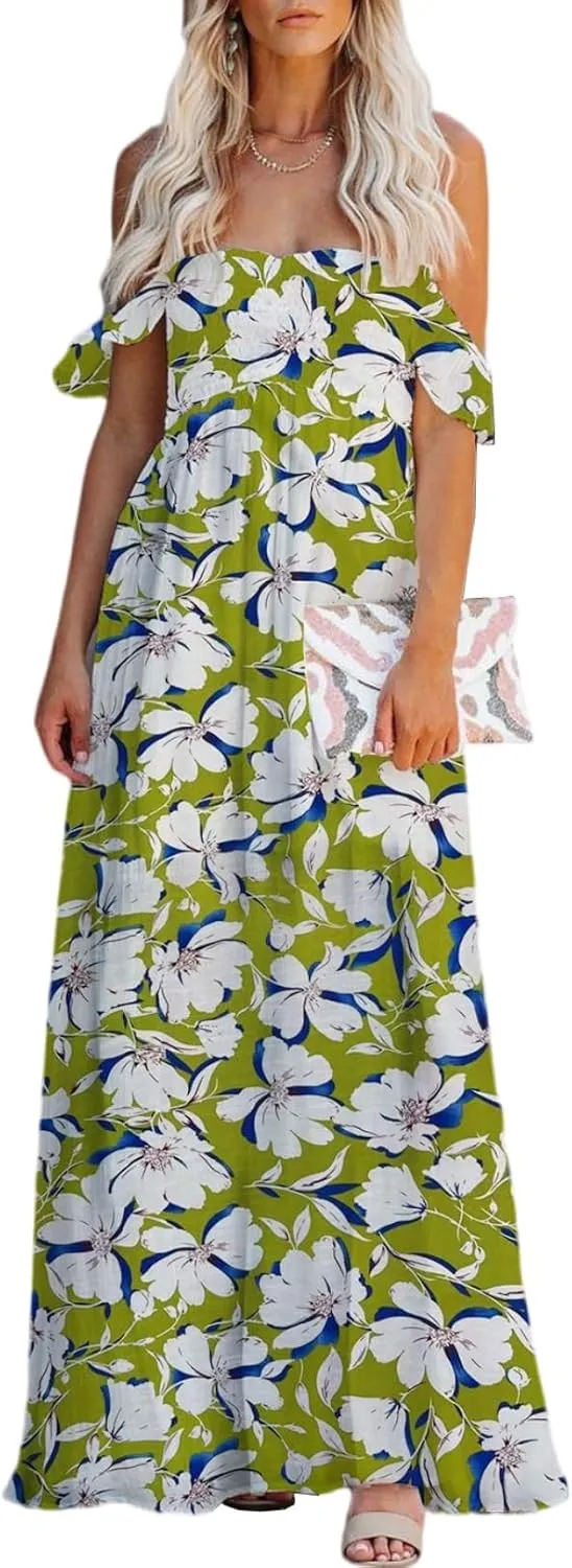 MERMAID'S CLOSET Women's Summer Smocked Off The Shoulder Maxi Dress Boho Casual Ruffle Flowy Long Beach Vacation Sundress