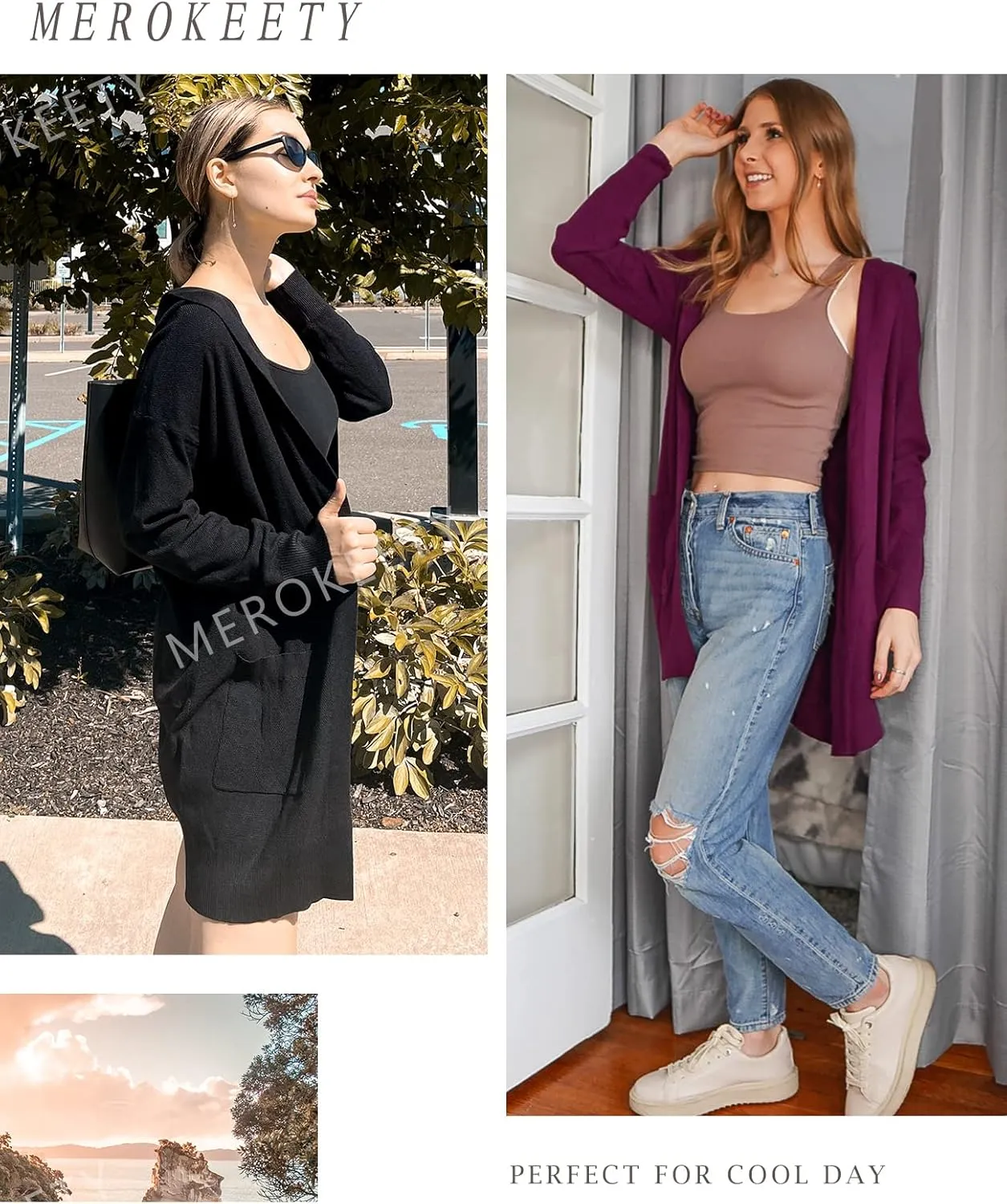 MEROKEETY Women's 2024 Long Sleeve Open Front Hoodie Knit Sweater Cardigan Outwear
