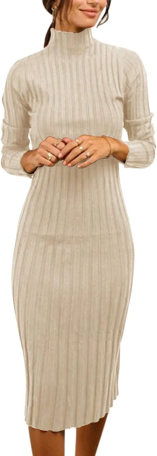 MEROKEETY Women's 2024 Ribbed Long Sleeve Sweater Dress High Neck Slim Fit Knitted Midi Dress