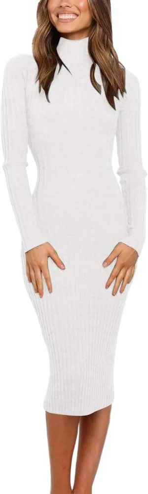 MEROKEETY Women's 2024 Ribbed Long Sleeve Sweater Dress High Neck Slim Fit Knitted Midi Dress