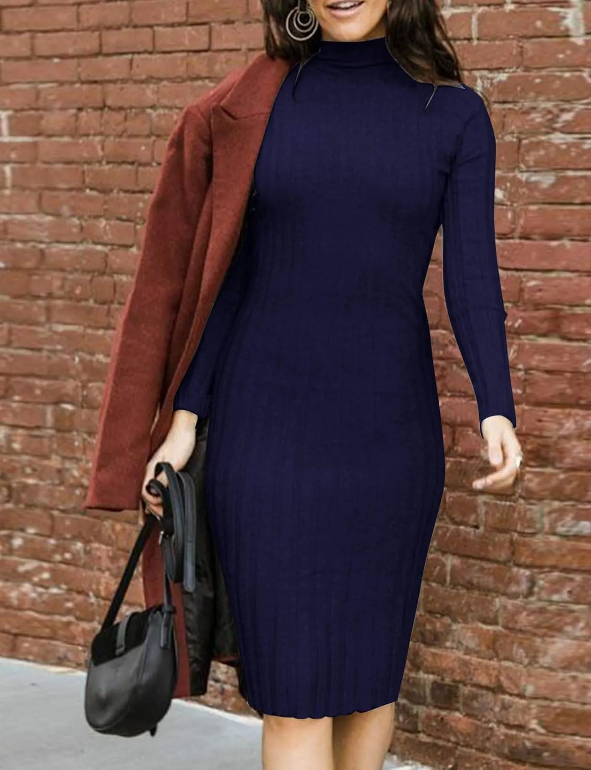 MEROKEETY Women's 2024 Ribbed Long Sleeve Sweater Dress High Neck Slim Fit Knitted Midi Dress