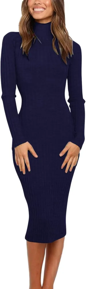 MEROKEETY Women's 2024 Ribbed Long Sleeve Sweater Dress High Neck Slim Fit Knitted Midi Dress
