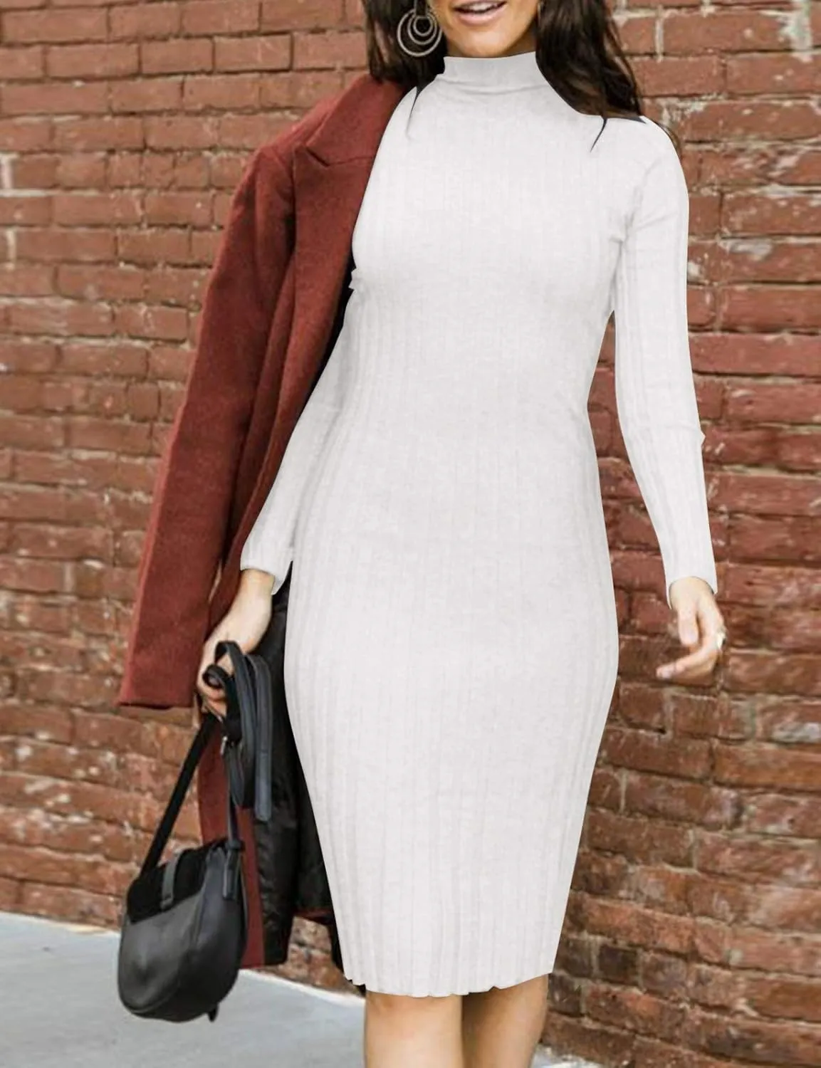 MEROKEETY Women's 2024 Ribbed Long Sleeve Sweater Dress High Neck Slim Fit Knitted Midi Dress