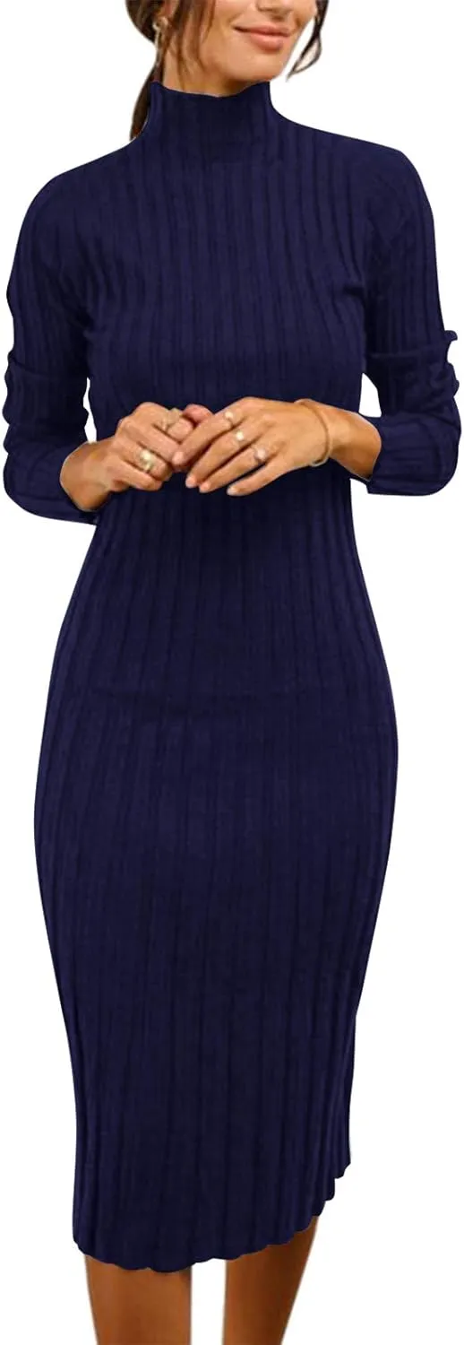 MEROKEETY Women's 2024 Ribbed Long Sleeve Sweater Dress High Neck Slim Fit Knitted Midi Dress